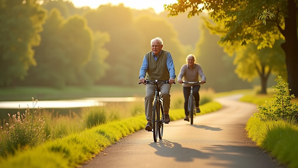 Seniori braucē pa gludu ceļu Aivieksti upes krastā ar skaidru ūdeni redzamā